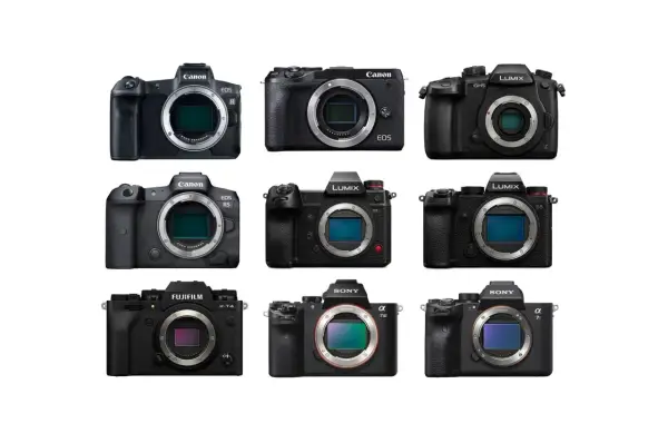 Różne rodzaje aparatów fotograficznych: Canon EOS R, R5, Lumix GH5, S1H, S5, Fujifilm X-T4, Sony Alpha 7 III, 7S III.