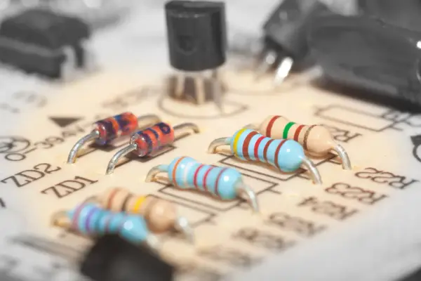 Na płytce drukowanej widoczne są elementy elektroniczne, w tym dioda zenera z kolorowymi paskami.