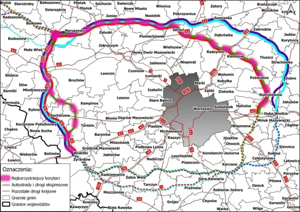 Mapa pokazuje proponowane korytarze dróg ekspresowych wokół Warszawy, z zaznaczonymi utrudnieniami na dk 50.