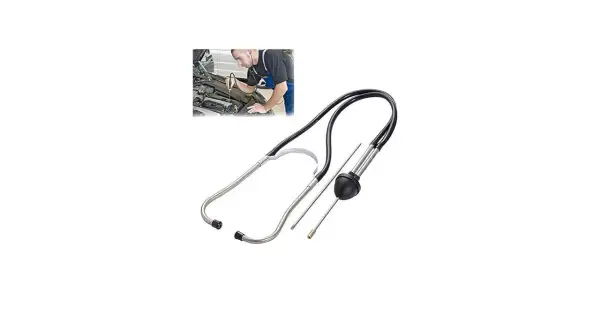 Un mecánico usa un estetoscopio mecánico para diagnosticar ruidos en un motor.