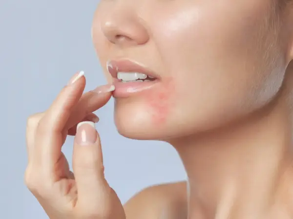 Une femme touche sa bouche, présentant une rougeur autour des lèvres, symptôme de dermatite periorale.