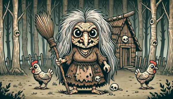 Baba Jaga z miotłą i kurczakami przed chatką w lesie, jak z filmu.