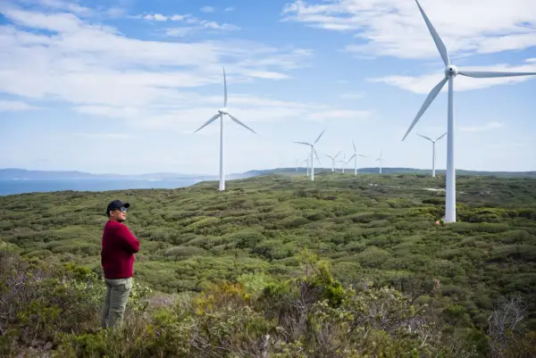 Mann steht vor Windrädern, die die australien energieversorgung repräsentieren. Die Landschaft ist grün und hügelig, mit dem Meer im Hintergrund.