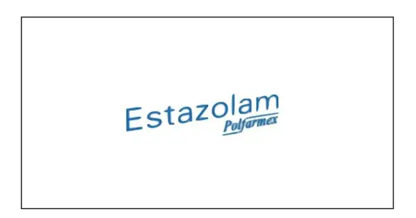 Niebieski napis "Estazolam" z mniejszym napisem "Polfarmex" pod spodem.