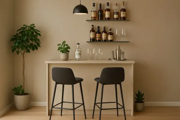 Elegante angolo bar con bottiglie di liquori, bicchieri, shaker e due sgabelli.