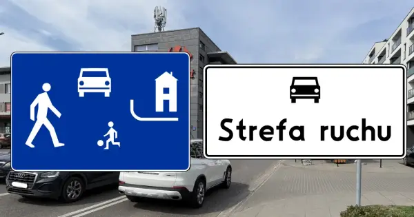 Dwa znaki drogowe: niebieski z piktogramami pieszych, dzieci bawiących się piłką i samochodu, oraz biały z napisem "Strefa ruchu" i ikoną samochodu.