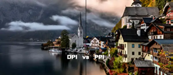 Dwa ujęcia miasteczka nad jeziorem: jedno ostre, drugie rozmyte, ilustrujące różnicę w rozdzielczości zdjęcia (DPI vs PPI).