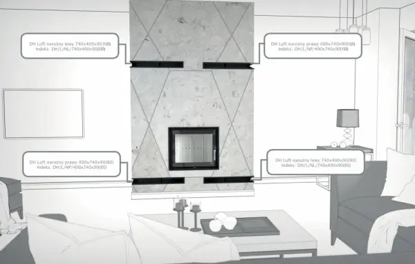 Nowoczesna zabudowa kominka z widocznymi wymiarami i indeksami modeli: DH Luft narożny lewy 740x400x90 (120) i DH Luft narożny prawy 400x740x90(80).