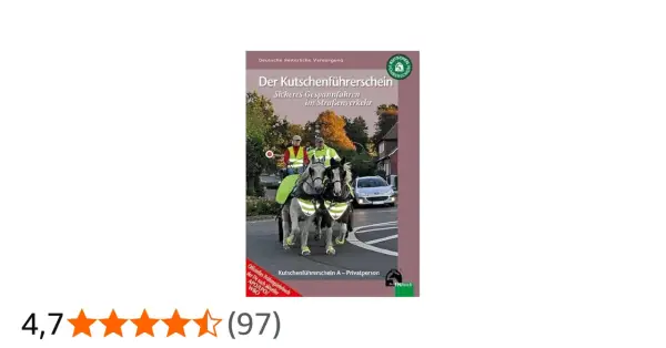 Buchcover zeigt zwei Pferde vor einer Kutsche, die auf einer Straße fahren. Titel: "Der Kutschenführerschein".