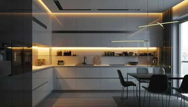 Cocina moderna con iluminación cálida bajo gabinetes y en el techo. La luz es clave para crear ambiente, ¿qué luz es mejor para la cocina?