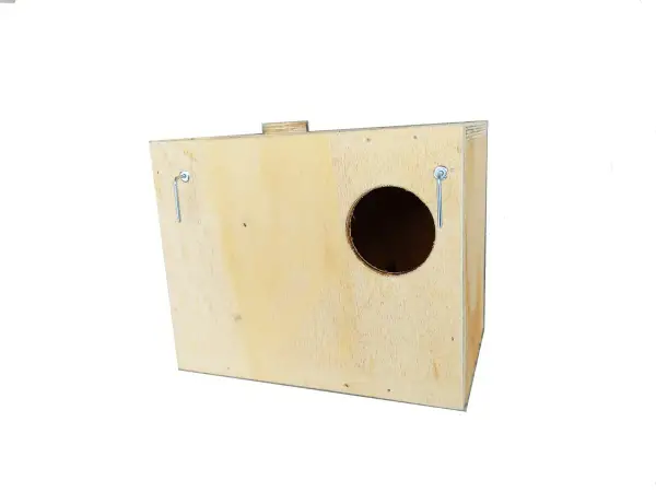Wooden birdhouse with a circular entrance hole and two metal hanging hooks.