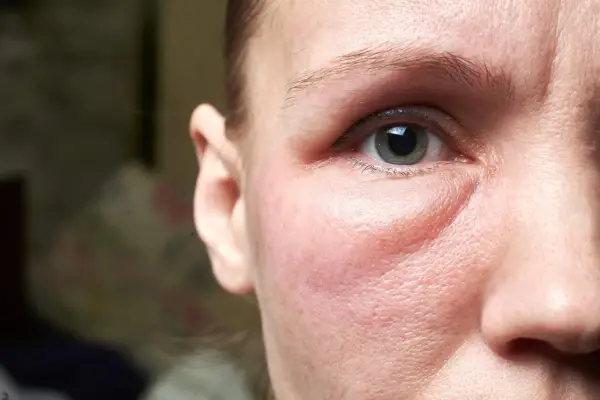 Gros plan sur le visage d'une femme, montrant un œil et une partie de son oreille. La peau sous l'œil est visiblement gonflée, un symptôme courant du visage gonflé pendant les règles.