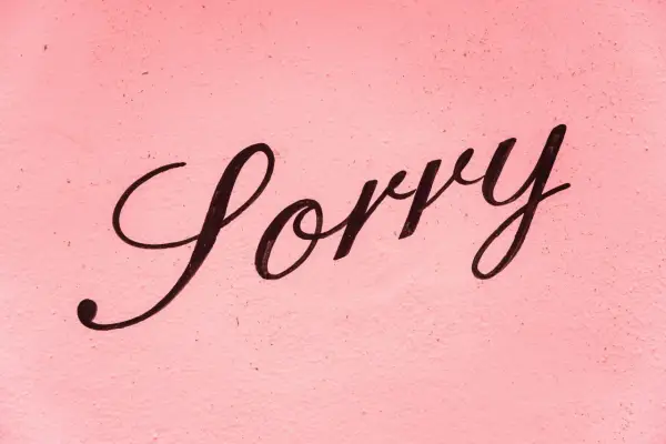 Napis "Sorry" czarną, ozdobną czcionką na różowym, chropowatym tle.