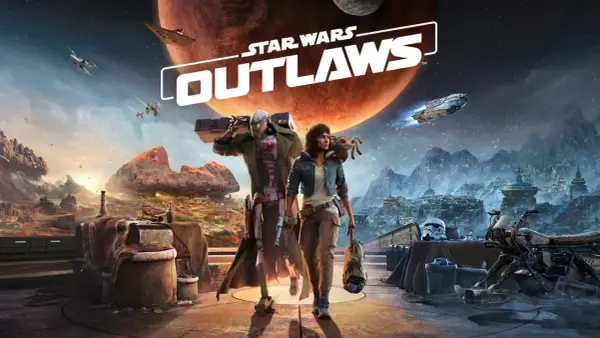 Kay Vess i Nix przemierzają galaktykę w grze Star Wars Outlaws, z ogromną planetą w tle i statkami kosmicznymi na niebie.