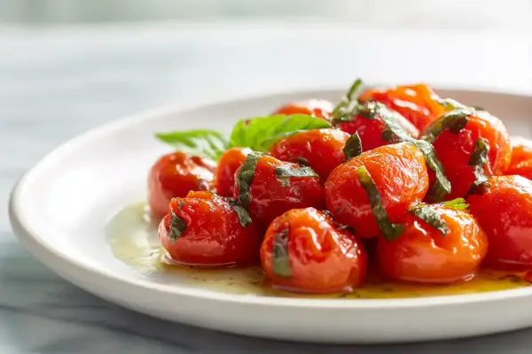 Tomates cerises confites, une recette simple et savoureuse, garnies de basilic frais sur une assiette blanche.