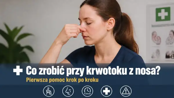 Kobieta zamyka oczy, uciskając nos. Krwotok z nosa może być objawem osłabienia organizmu. Dowiedz się, jak udzielić pierwszej pomocy.