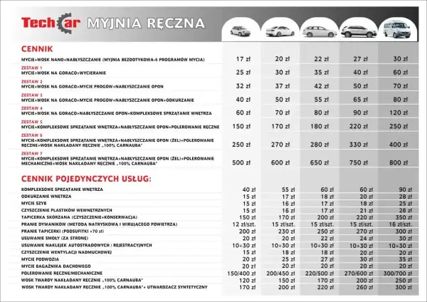 Cennik usług myjni samochodowej: zestawy mycia, woskowania, polerowania i sprzątania wnętrza. Sprawdź koszt myjni samochodowej dla różnych pakietów.