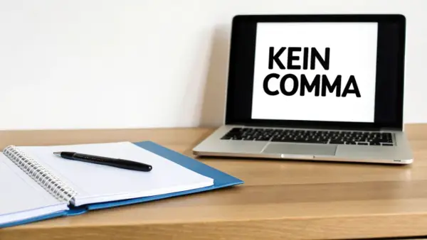 Ein Laptop zeigt "KEIN COMMA", während daneben ein Notizbuch mit Stift liegt.