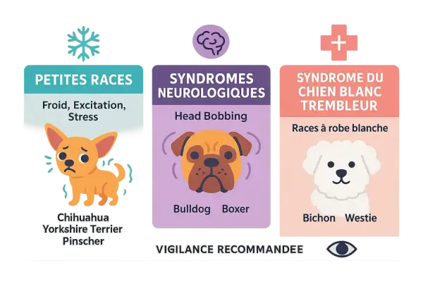 Un petit chien qui tremble, peut-être un Chihuahua, est montré à côté d'informations sur les petites races et le syndrome du chien blanc trembleur.