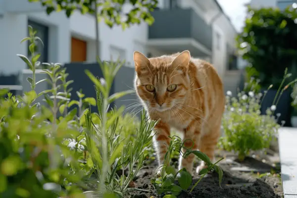 Eine orange getigerte Katze schleicht durch den Garten. Hoffentlich hinterlässt sie keinen Katzenkot im Garten.