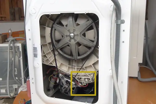 Innenleben einer Waschmaschine mit Riemenscheibe und Motor. Gelber Kasten markiert Bauteil, das bei einer Waschmaschine Unwucht verursachen könnte.