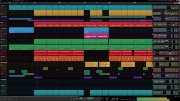 Tableau d'une station de travail audio numérique, montrant des pistes pour la **mao musique** : batterie, basse, synthés et effets.