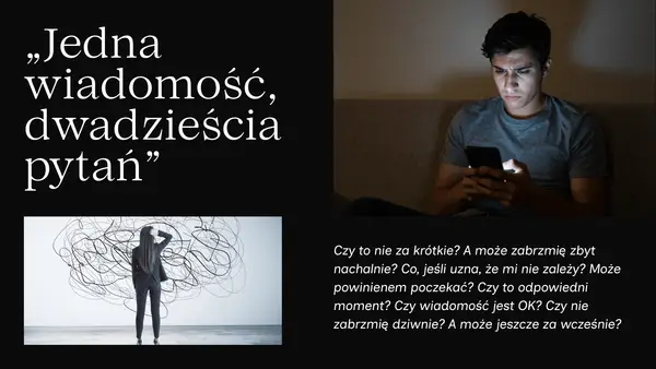 Nadmierne analizowanie, czyli overthinking co to. Młody mężczyzna zmartwiony patrzy na telefon, a kobieta zdezorientowana przed labiryntem myśli.