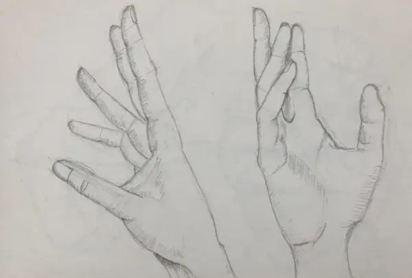 Deux mains esquissées au crayon, l'une ouverte, l'autre fermée. Un dessin facile à dessiner pour s'entraîner.