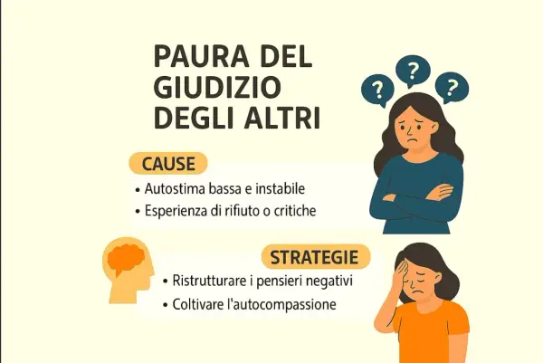 Illustrazione sulla paura del giudizio degli altri, con cause (bassa autostima, critiche) e strategie (ristrutturare pensieri, autocompassione). Due donne esprimono disagio.
