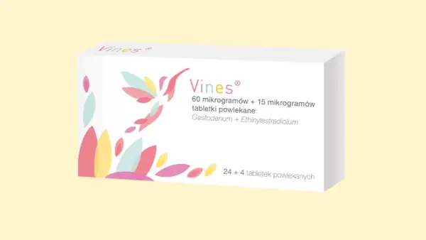 Opakowanie leku Vines z kolorowym motywem przypominającym pnącza. Zawiera 24+4 tabletki.