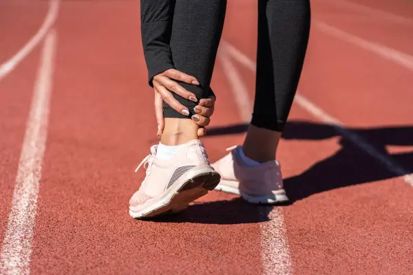 Ból kostki po bieganiu na bieżni. Sportowiec trzyma się za bolącą kostkę, czując dyskomfort.