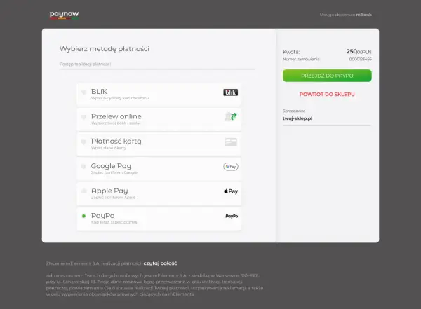 Wybierz metodę płatności: BLIK, Przelew online, Płatność kartą, Google Pay, Apple Pay, PayPo. Kliknij "Przejdź do Paypo" by zapłacić.