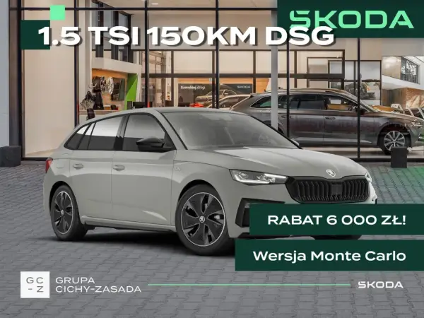Szara Skoda Scala w wersji Monte Carlo, z rabatem 6000 zł, prezentowana w salonie.