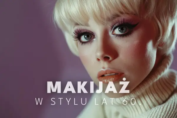 Ikona stylu lat 60. z wyrazistym makijażem oczu i błyszczącymi ustami.