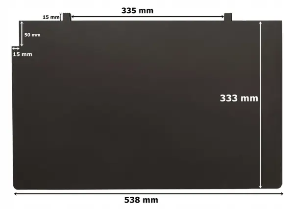 Czarny deflektor do kominka francuskiego, wymiary 538x333 mm, z zaznaczonymi detalami montażowymi 15 mm i 50 mm.