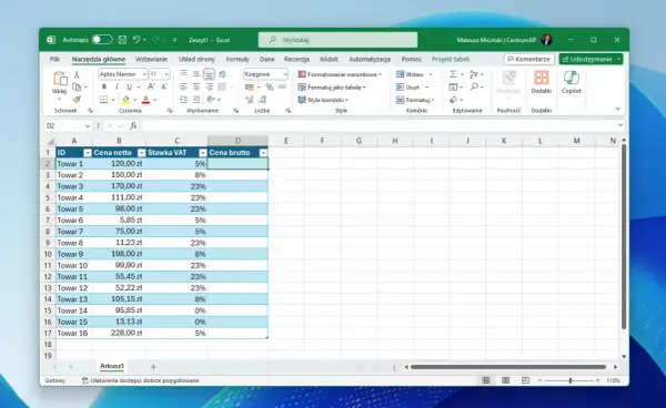 Arkusz kalkulacyjny Excel z kolumnami: ID, Cena netto, Stawka VAT, Cena brutto. Pokazuje, jak obliczyć VAT w Excelu, dodając procent VAT do ceny netto.