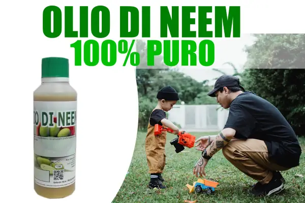 Olio di neem 100% puro, utile per la cura delle piante e per proteggere la casa. Un padre gioca con il suo bambino in giardino.