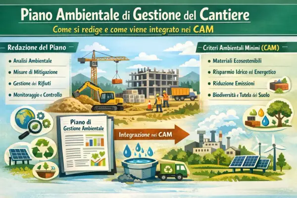 Illustrazione che mostra le fasi di un piano ambientale di cantierizzazione: redazione, integrazione nei CAM e criteri ambientali minimi, con elementi grafici di un cantiere e un impianto industriale.