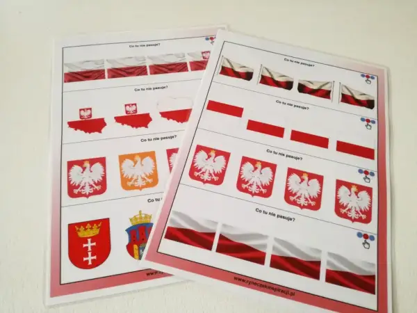 Zabawy edukacyjne dla dzieci: polskie symbole narodowe, orzeł biały, flagi i godła.