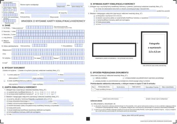 Wniosek o wydanie karty kwalifikacji kierowcy, dokument niezbędny do potwierdzenia uprawnień do przewozu osób i rzeczy.