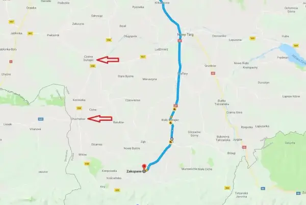 Trasa Kraków - Zakopane, z zaznaczonymi Czarnym Dunajcem i Chochołowem.