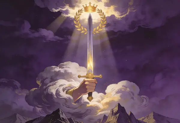 Dłoń wyłaniająca się z chmur dzierży lśniący miecz, symbolizujący króla mieczy tarot. Nad nim złoty wieniec laurowy i korona.