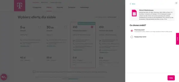 Przenoszę numer telefonu od innego operatora telekomunikacyjnego do T-Mobile. Wybieram ofertę M Nielimitowana.