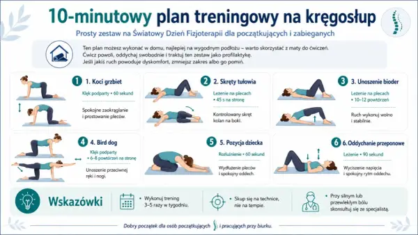 10-minutowy plan treningowy na kręgosłup: ćwiczenia na plecy, skręty tułowia, unoszenie bioder, bird dog, pozycja dziecka, oddychanie przeponowe.