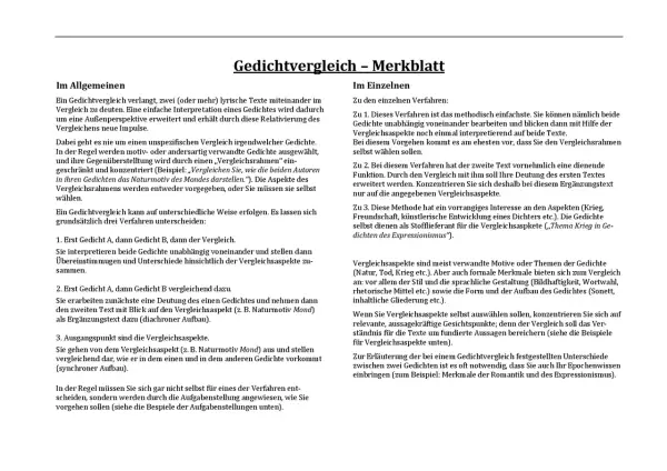 Ein Gedichtvergleich beleuchtet Gemeinsamkeiten und Unterschiede lyrischer Texte. Ein Sonett ist eine Gedichtform, die hier als Vergleichsaspekt genannt wird.