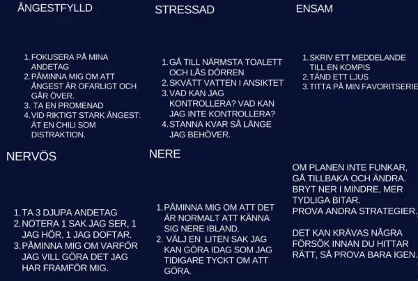Textlistor med strategier för ångest, stress, ensamhet och nervositet. En strategi för stark ilska är att äta en chili som distraktion.