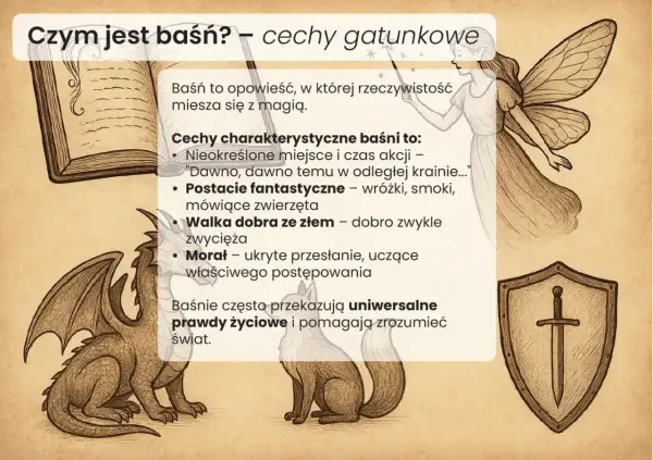 Smok, wróżka i lis ilustrują cechy baśni: magię, fantastyczne postacie i walkę dobra ze złem.