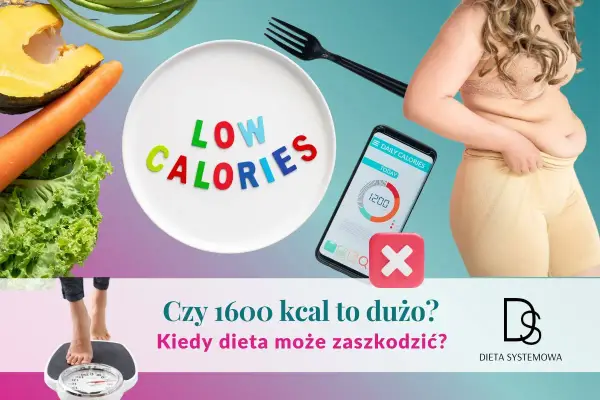 Warzywa, talerz z napisem "LOW CALORIES", aplikacja do liczenia kalorii i sylwetka kobiety. Czy dieta 1600 kcal jest dla Ciebie?