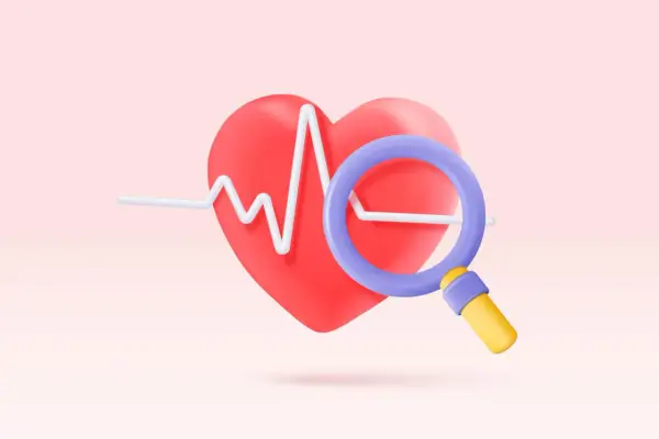 Cuore rosso con elettrocardiogramma e lente d'ingrandimento, simbolo di ricerca per il bisoprololo e ansia.
