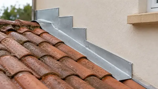 Détail d'une pose de solin en zinc contre un mur, protégeant les tuiles de la pluie.